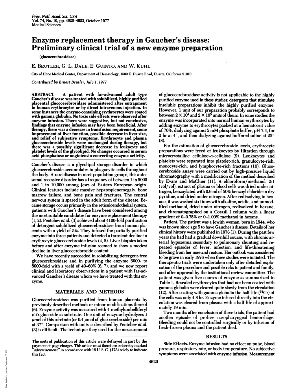 Enzyme Replacement Therapy in Gaucher's Disease: Preliminary Clinical Trial of a New Enzyme Preparation (Glucocerebrosidase) E