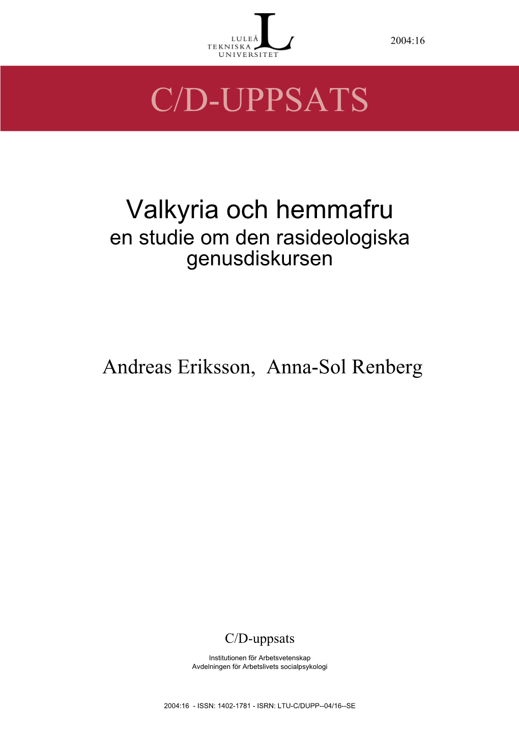 Valkyria Och Hemmafru: En Studie Om Den Rasideologiska Genusdiskursen