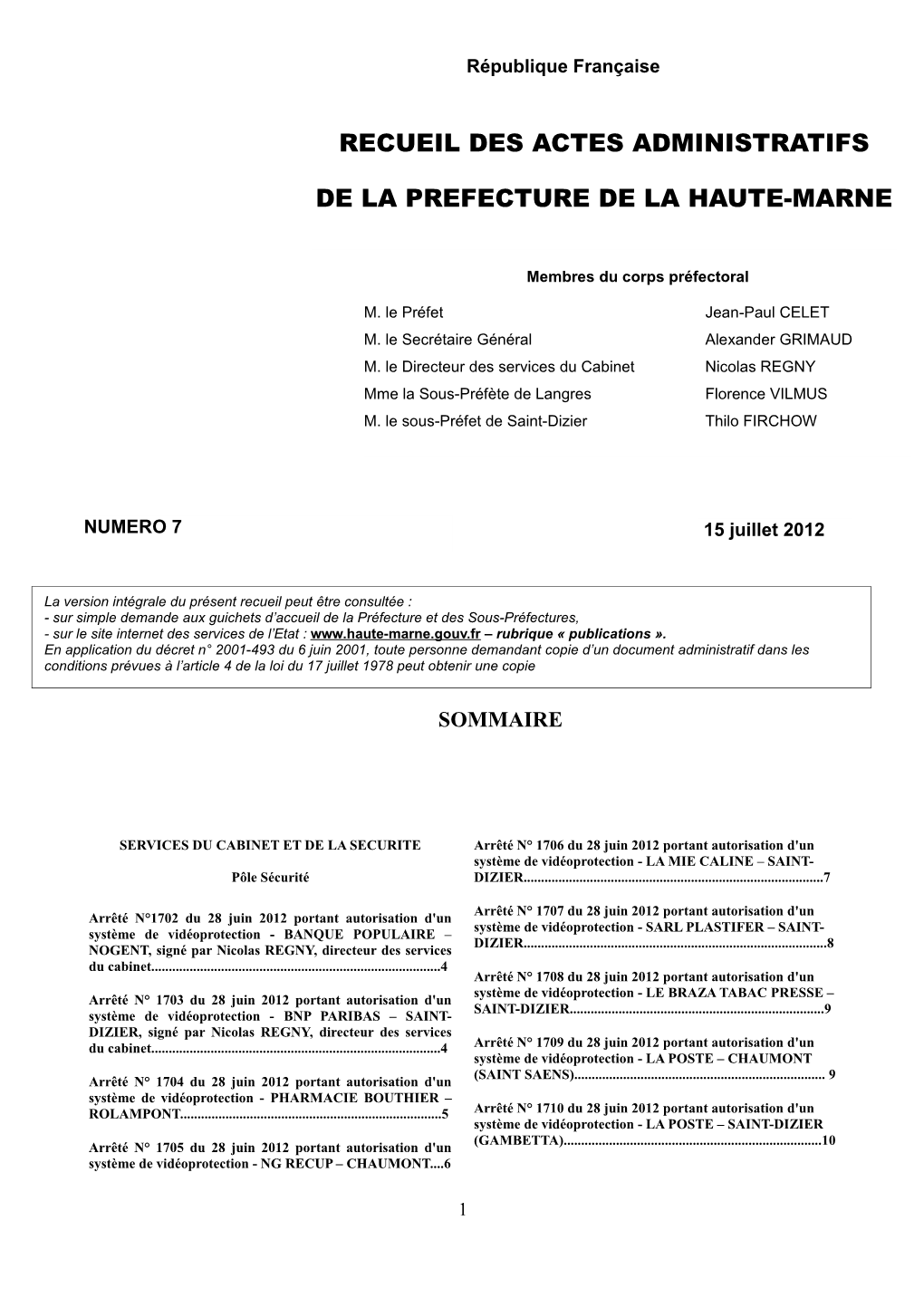 Recueil Des Actes Administratifs De La Préfecture De La Haute-Marne