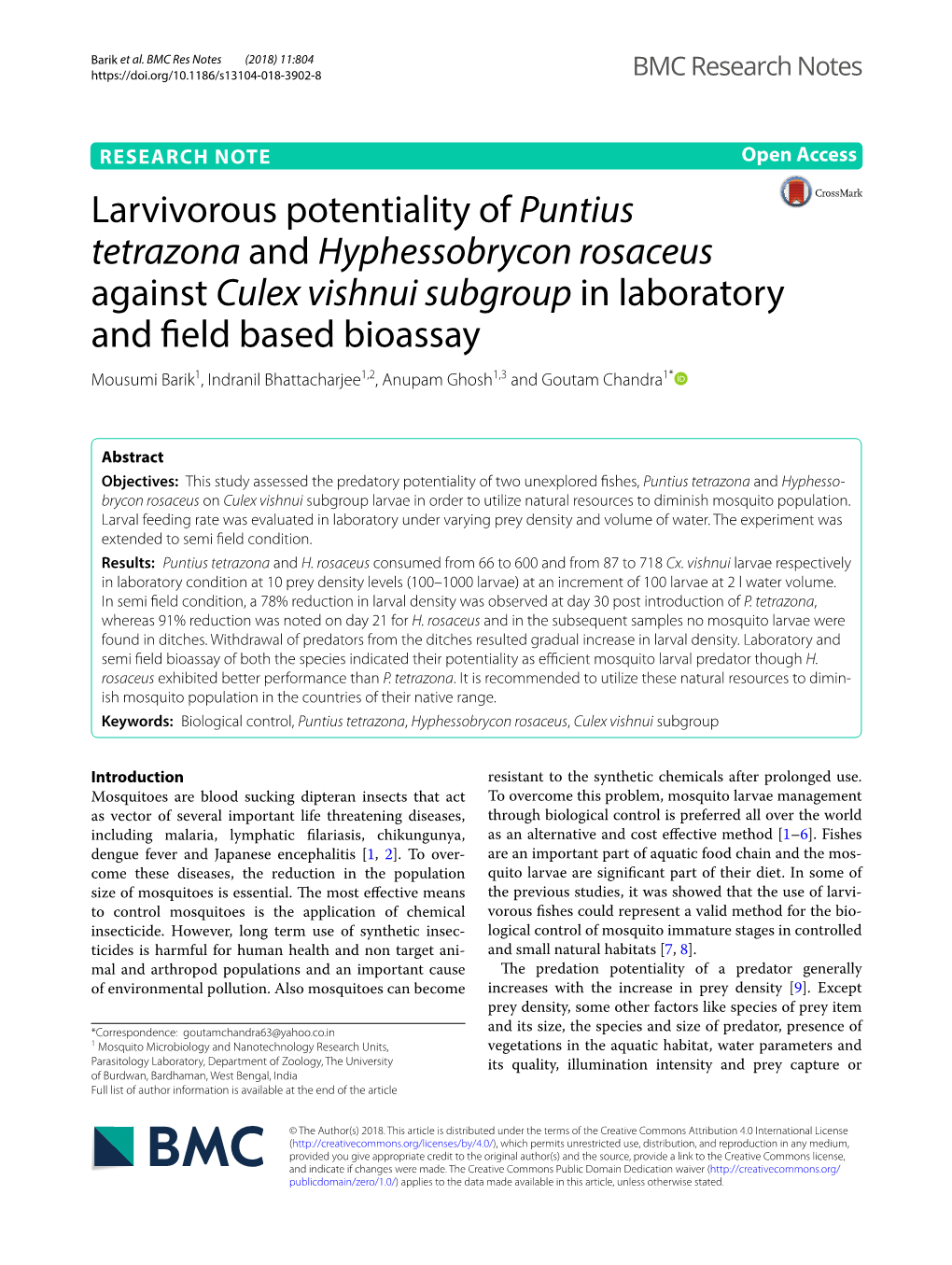 Larvivorous Potentiality of Puntius Tetrazona and Hyphessobrycon Rosaceus Against Culex Vishnui Subgroup in Laboratory and Field