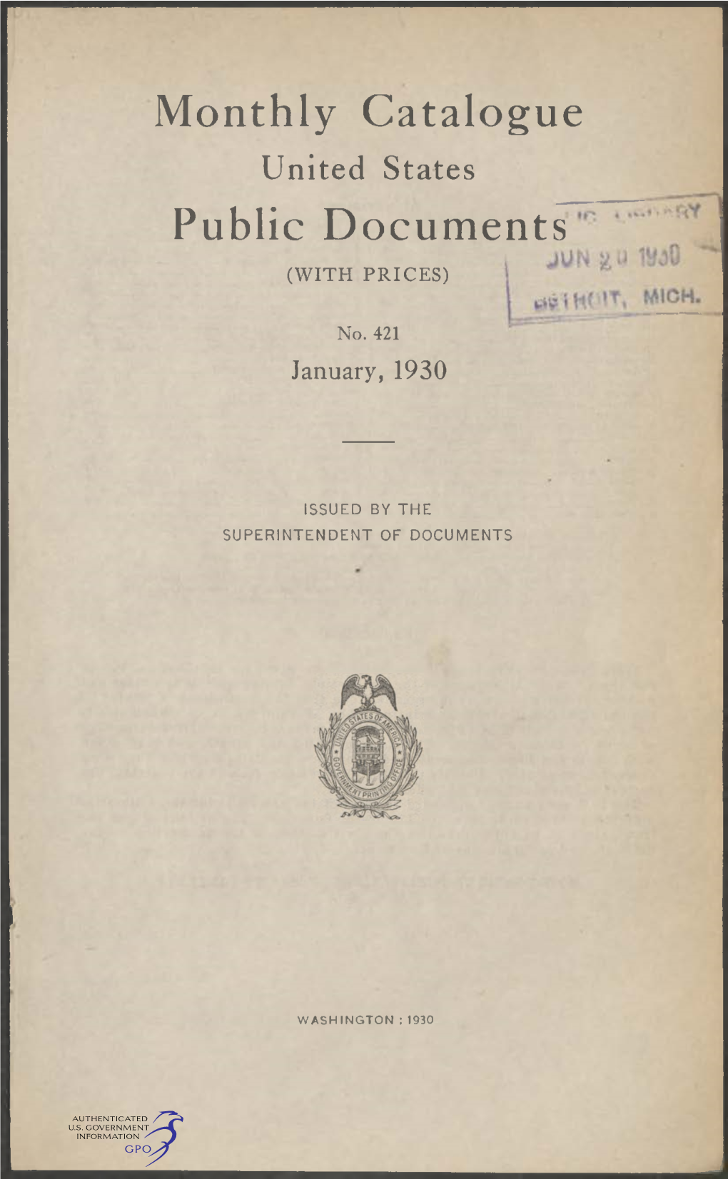 Monthly Catalogue, United States Public Documents, January 1930