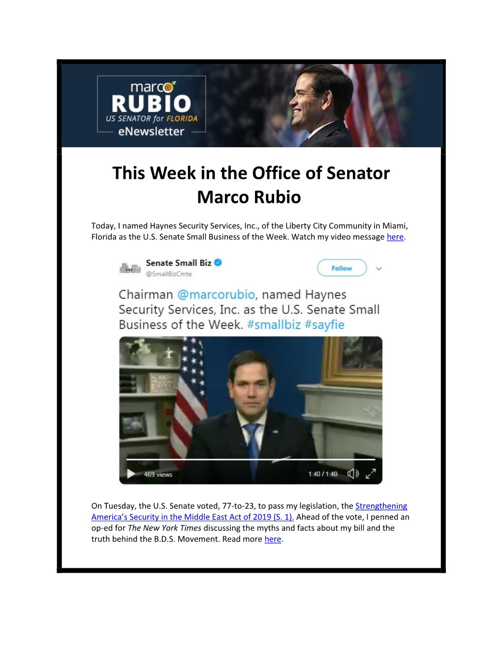 This Week in the Office of Senator Marco Rubio