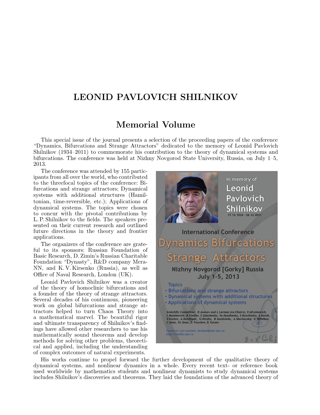 LEONID PAVLOVICH SHILNIKOV Memorial Volume