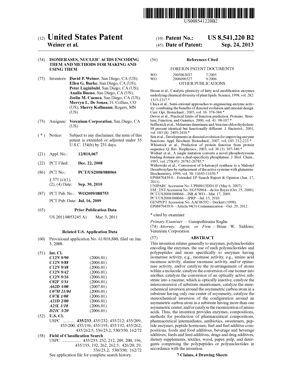 (12) United States Patent (10) Patent No.: US 8,541.220 B2 Weiner Et Al