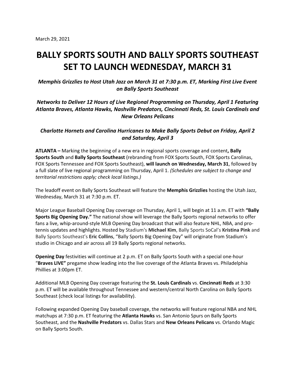 Bally Sports South and Bally Sports Southeast Set to Launch Wednesday, March 31