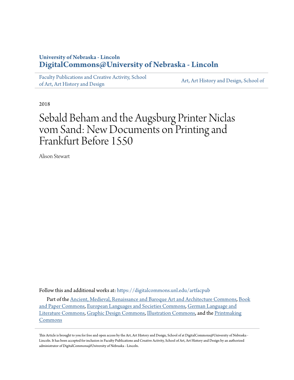 Sebald Beham and the Augsburg Printer Niclas Vom Sand: New Documents on Printing and Frankfurt Before 1550 Alison Stewart