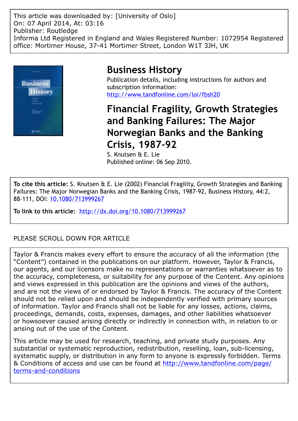 Business History Financial Fragility, Growth Strategies and Banking