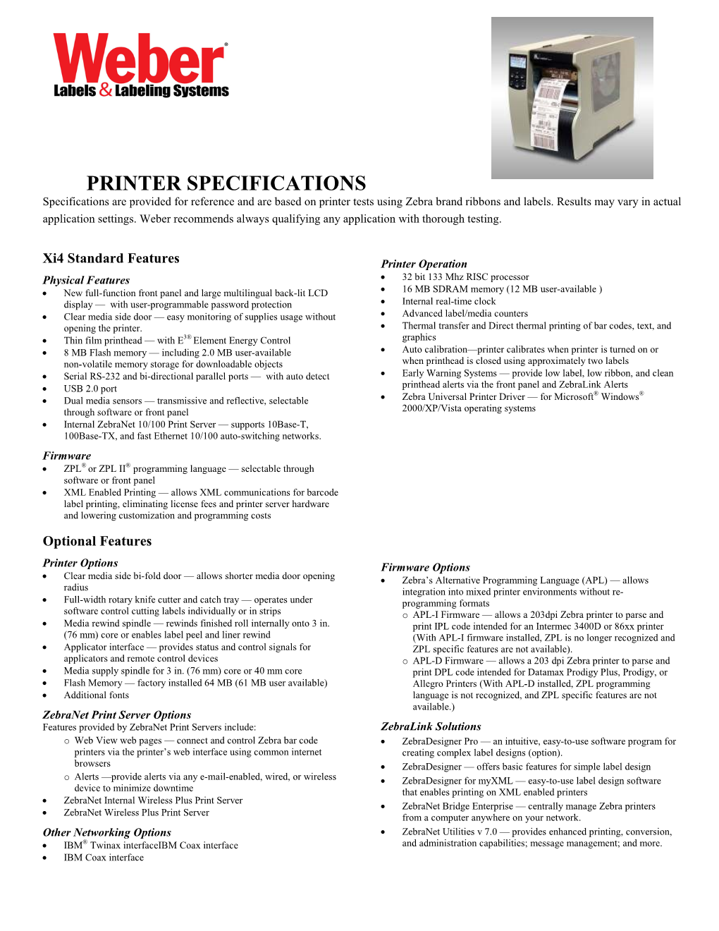 Printer Specifications