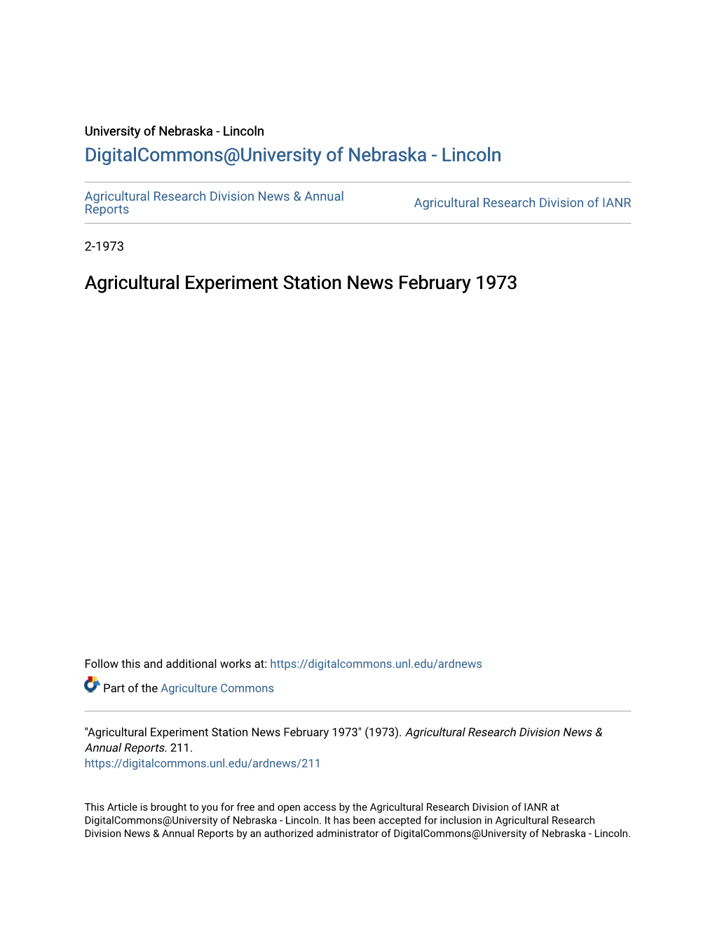 Agricultural Experiment Station News February 1973