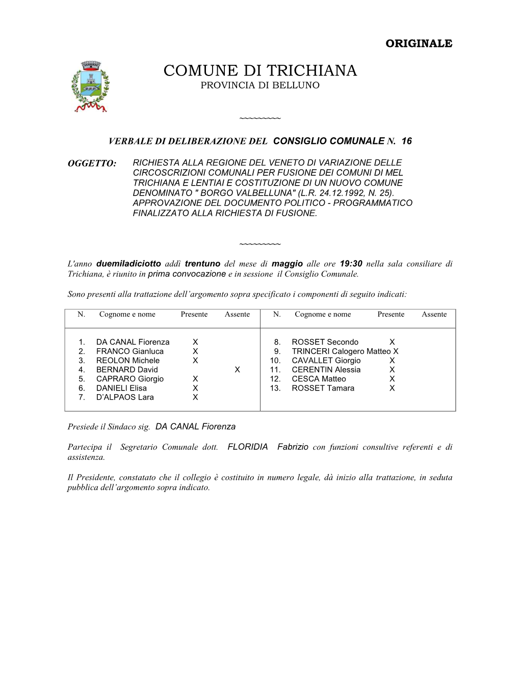 Comune Di Trichiana Provincia Di Belluno