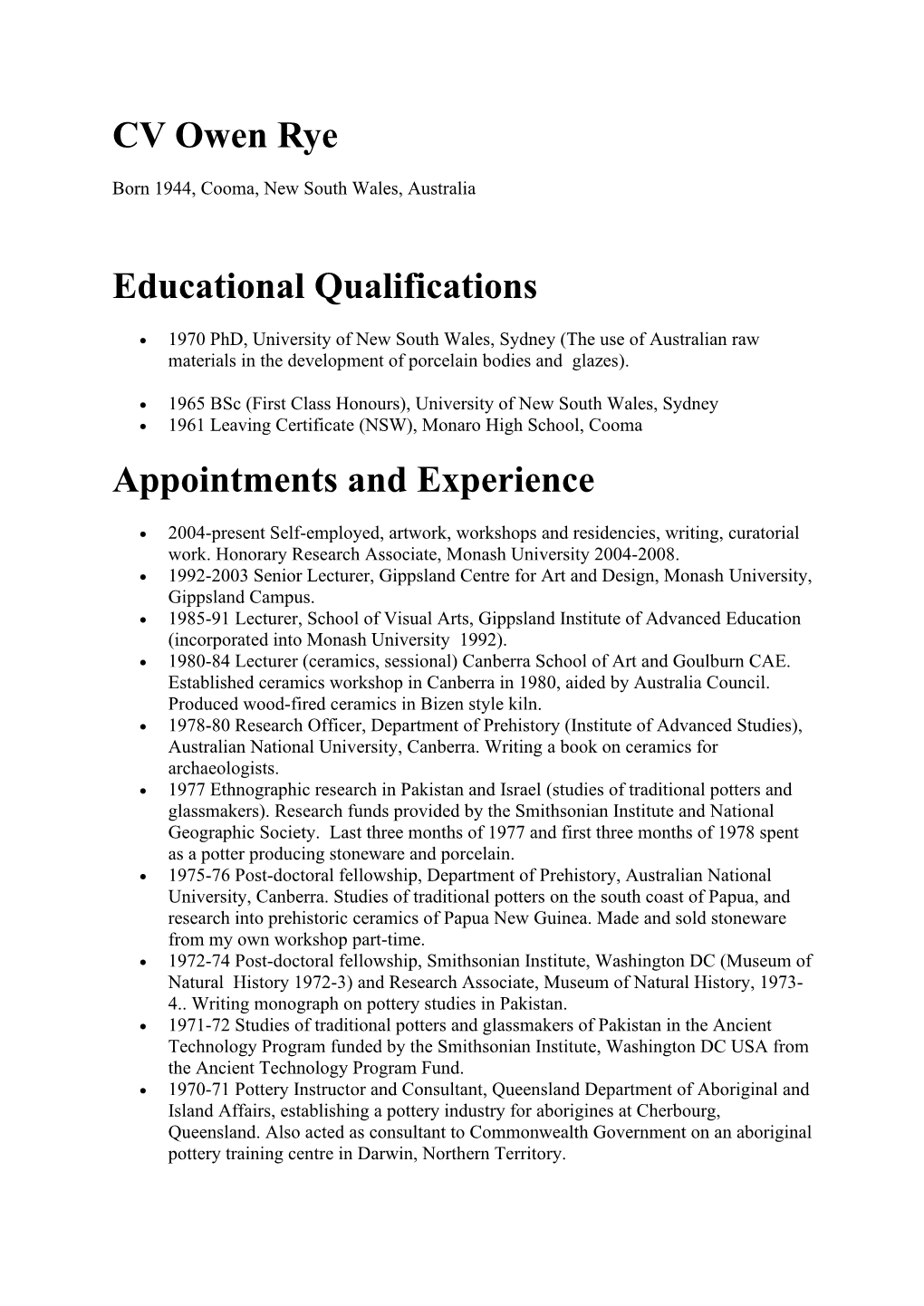 CV Owen Rye Educational Qualifications Appointments And