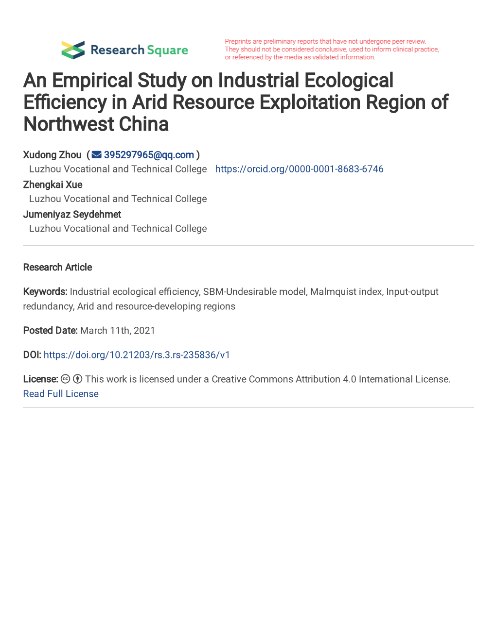 An Empirical Study on Industrial Ecological Efficiency in Arid