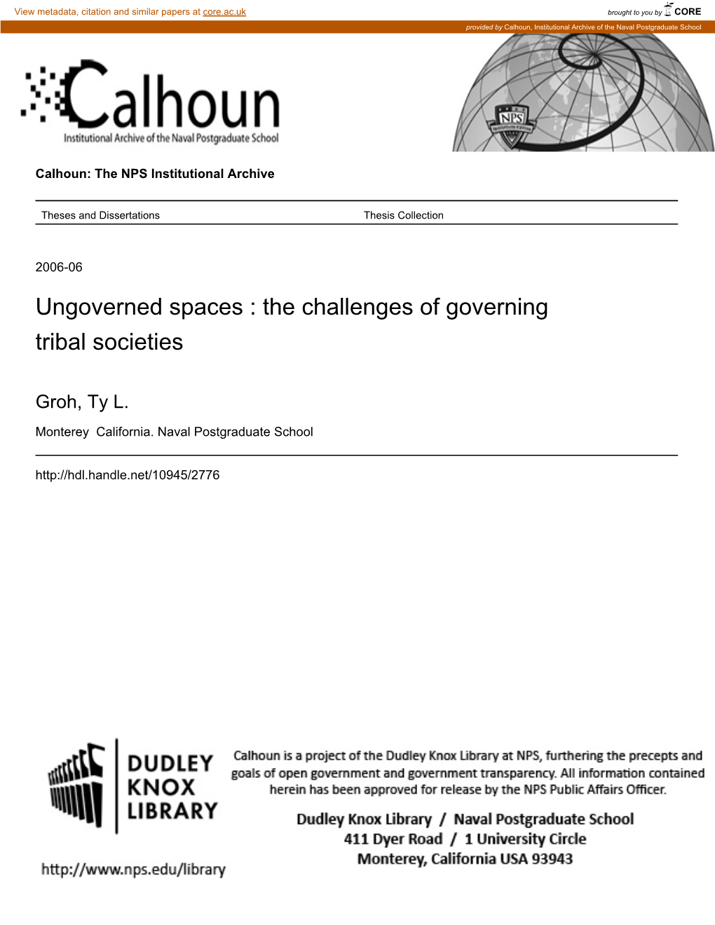 Ungoverned Spaces : the Challenges of Governing Tribal Societies