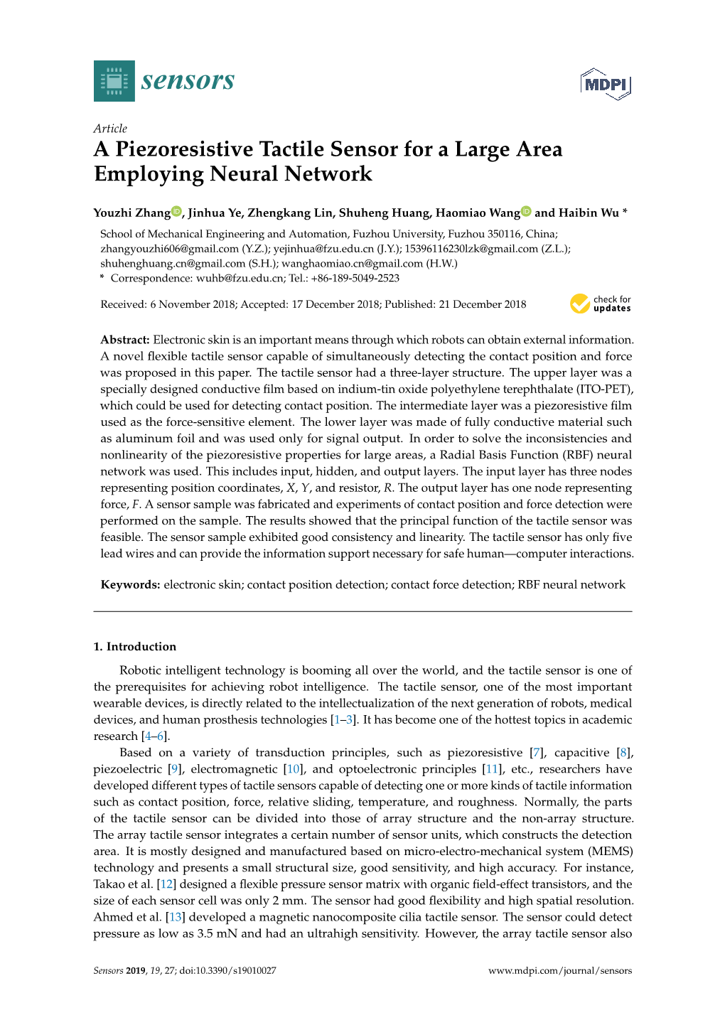 A Piezoresistive Tactile Sensor for a Large Area Employing Neural Network