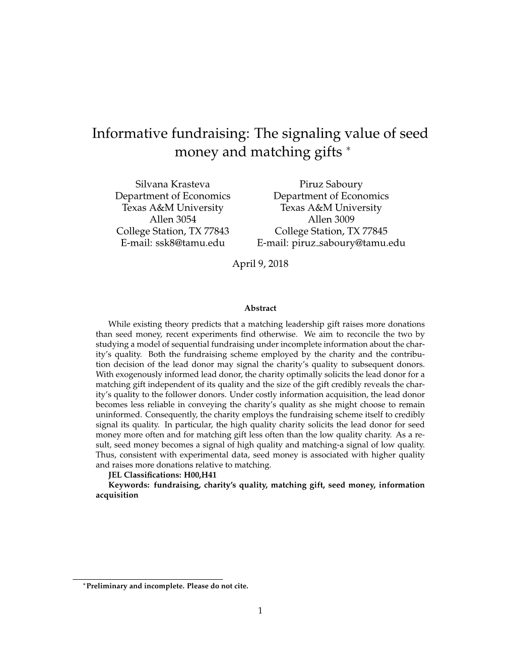 Informative Fundraising: the Signaling Value of Seed Money and Matching Gifts ∗