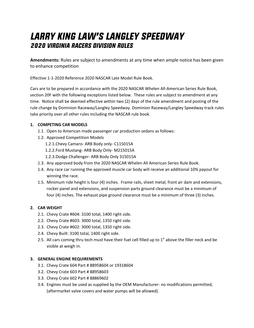 2020 Virginia Racers Division Rules