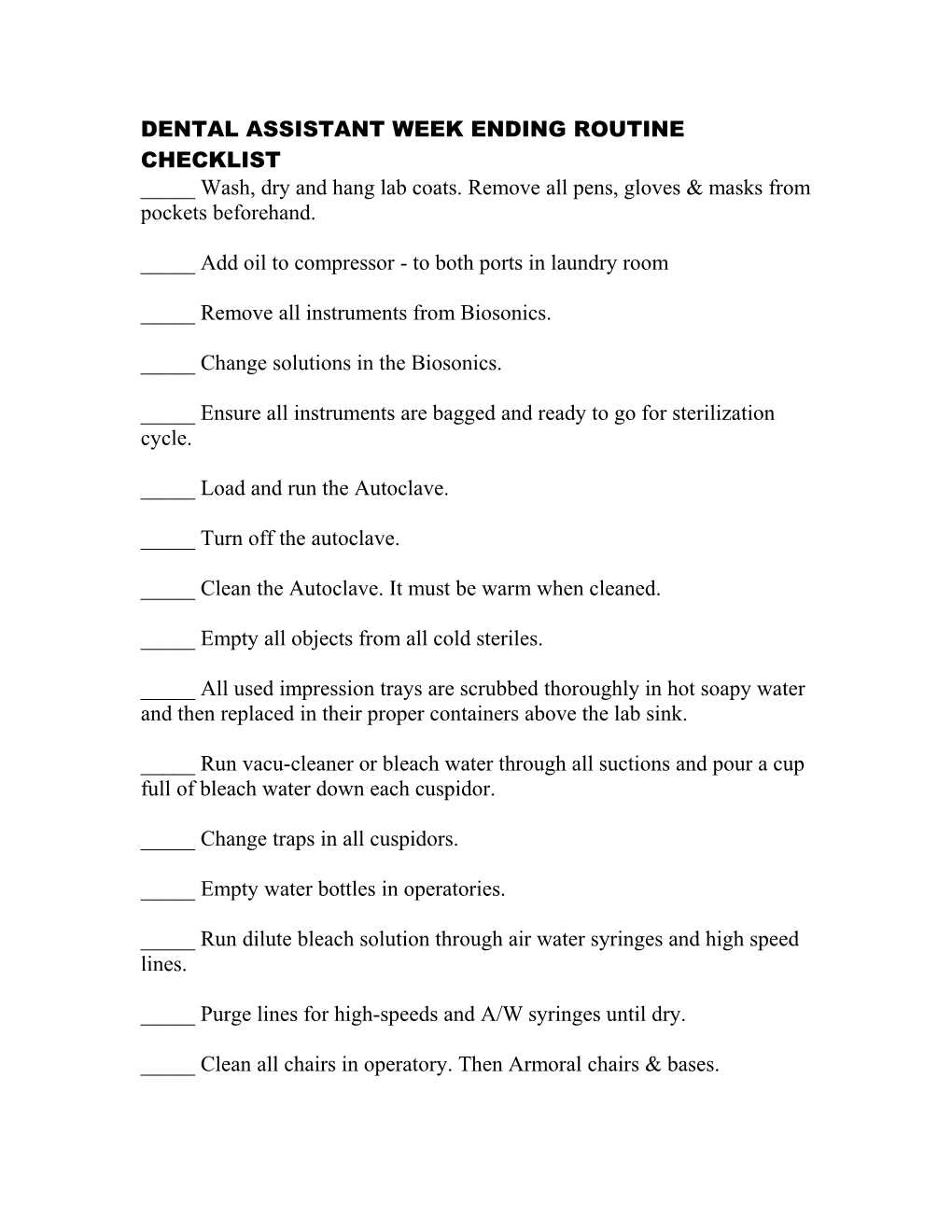 Dental Assistant Week Ending Routine Checklist