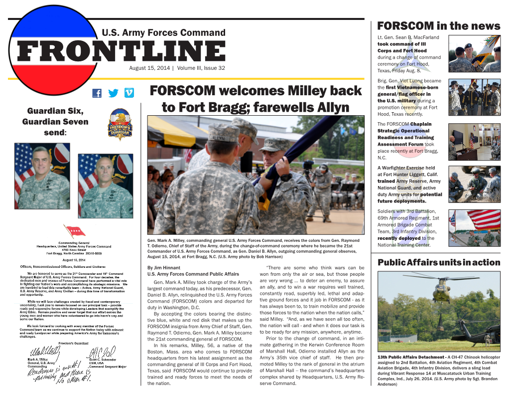 FRONTLINE Ceremony on Fort Hood, August 15, 2014 | Volume III, Issue 32 Texas, Friday Aug