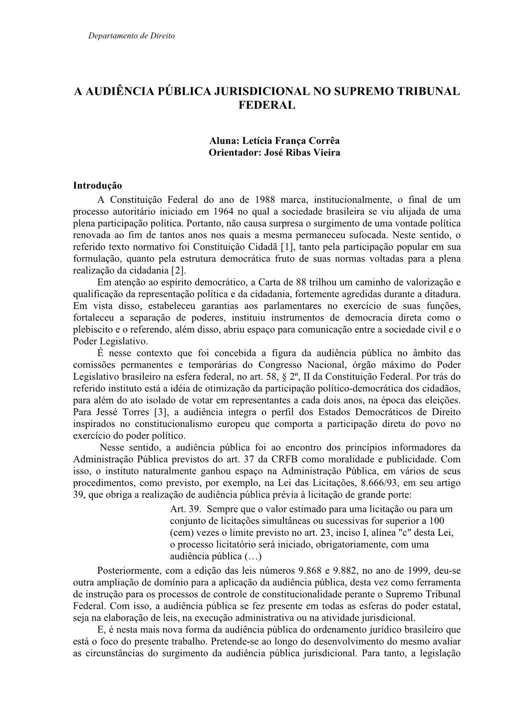 A Audiência Pública Jurisdicional No Supremo Tribunal Federal