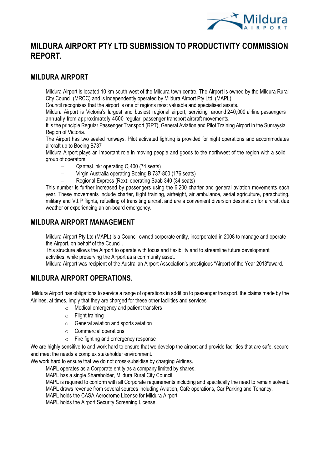 Mildura Airport Pty Ltd Submission to Productivity Commission Report