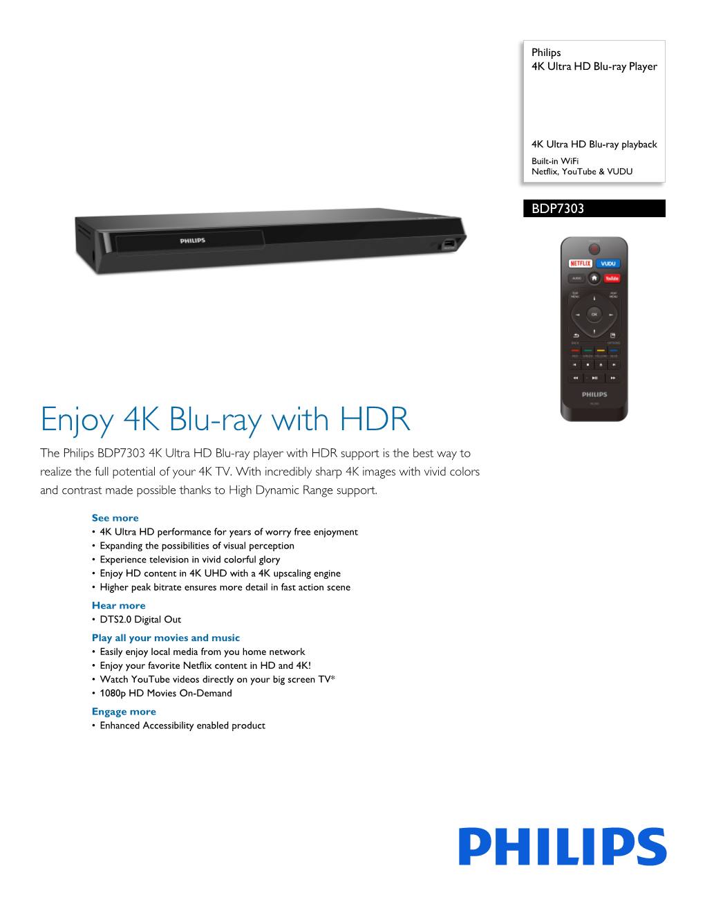 BDP7303/F7 Philips 4K Ultra HD Blu-Ray Player