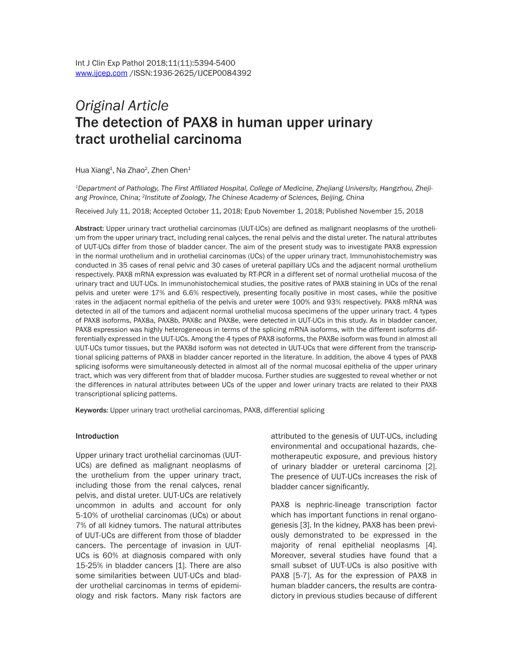 Original Article the Detection of PAX8 in Human Upper Urinary Tract Urothelial Carcinoma
