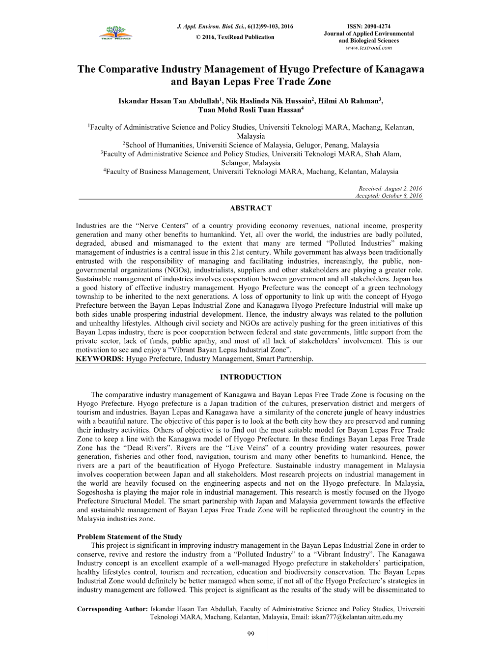 The Comparative Industry Management of Hyugo Prefecture of Kanagawa and Bayan Lepas Free Trade Zone