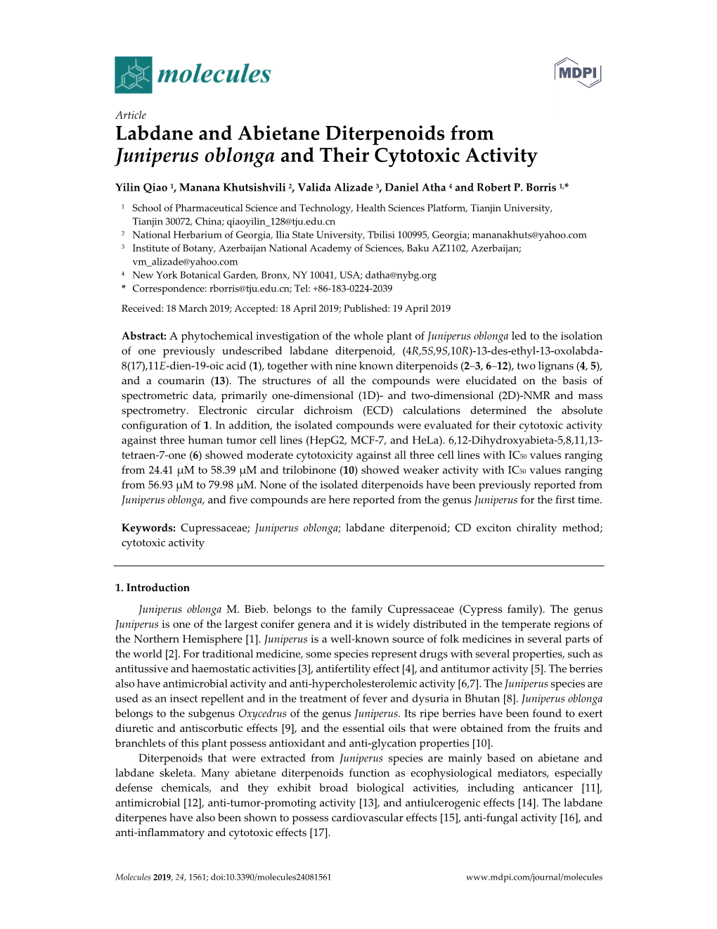 Labdane and Abietane Diterpenoids from Juniperus Oblonga and Their Cytotoxic Activity