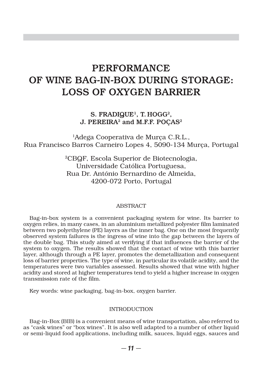 Performance of Wine Bag-In-Box During Storage: Loss of Oxygen Barrier
