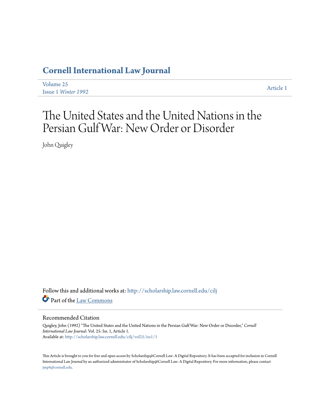 The United States and the United Nations in the Persian Gulf War: New Order Or Disorder?