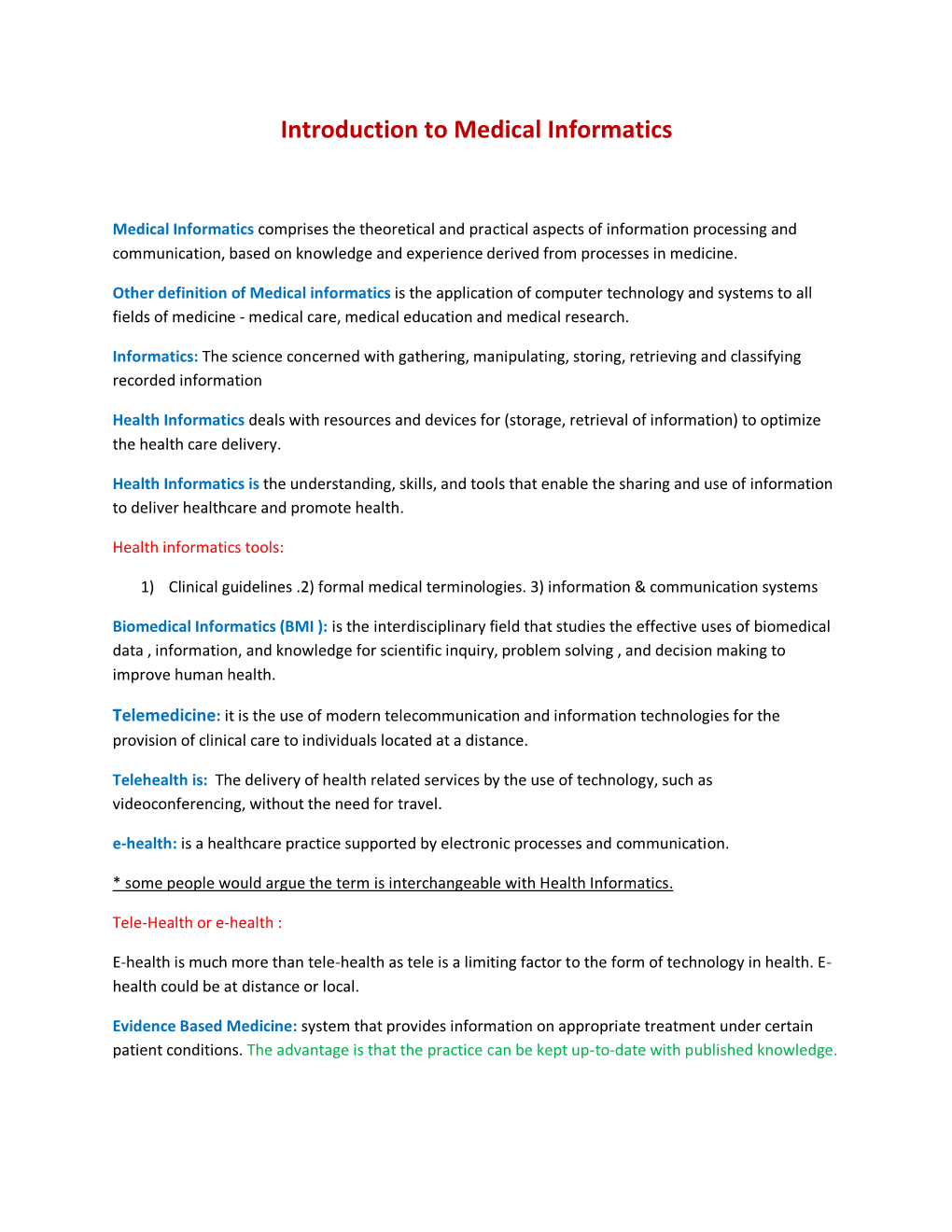 Introduction to Medical Informatics