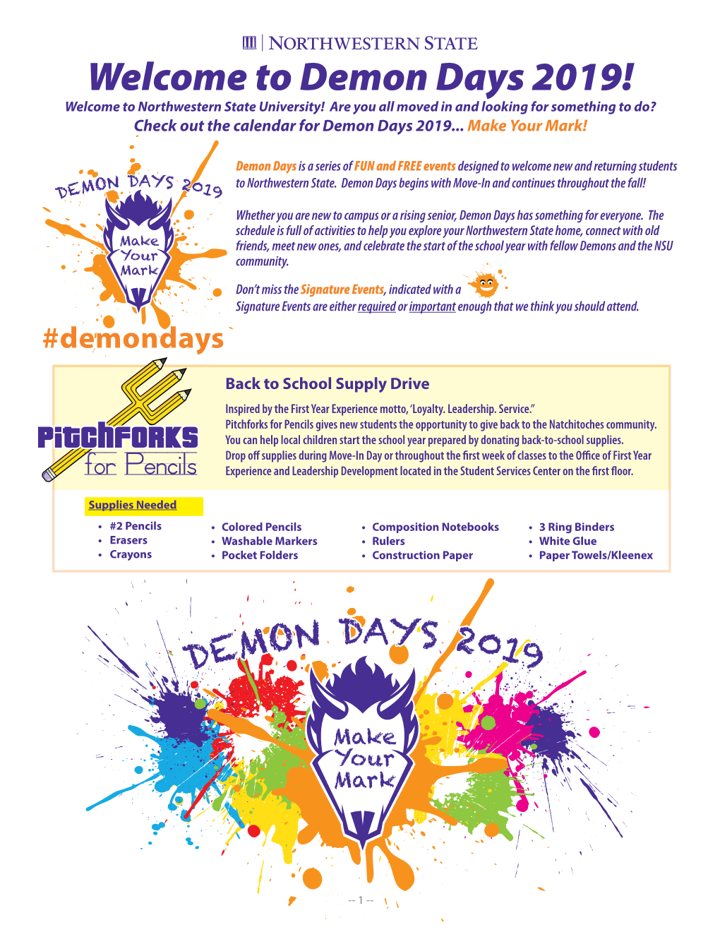 Demon Days 2019! Welcome to Northwestern State University! Are You All Moved in and Looking for Something to Do? Check out the Calendar for Demon Days 2019