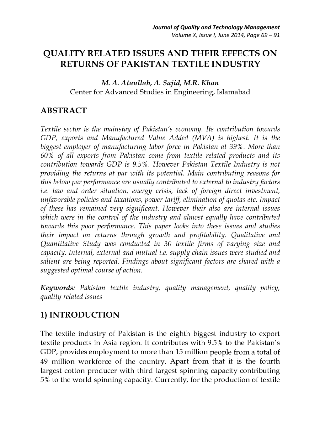Quality Related Issues and Their Effects on Returns of Pakistan Textile Industry