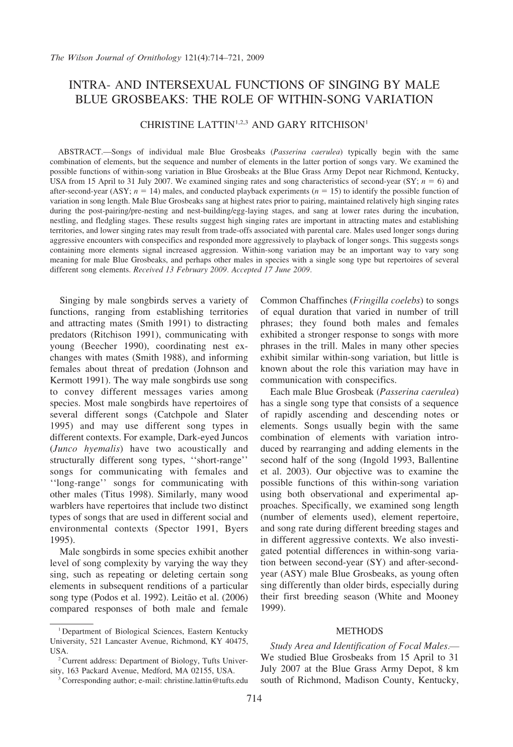 Intra- and Intersexual Functions of Singing by Male Blue Grosbeaks: the Role of Within-Song Variation