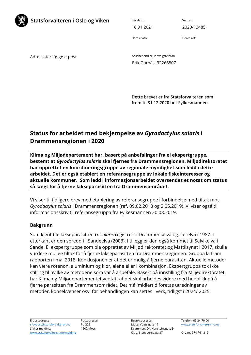 Status for Arbeidet Med Bekjempelse Av Gyrodactylus Salaris I Drammensregionen I 2020