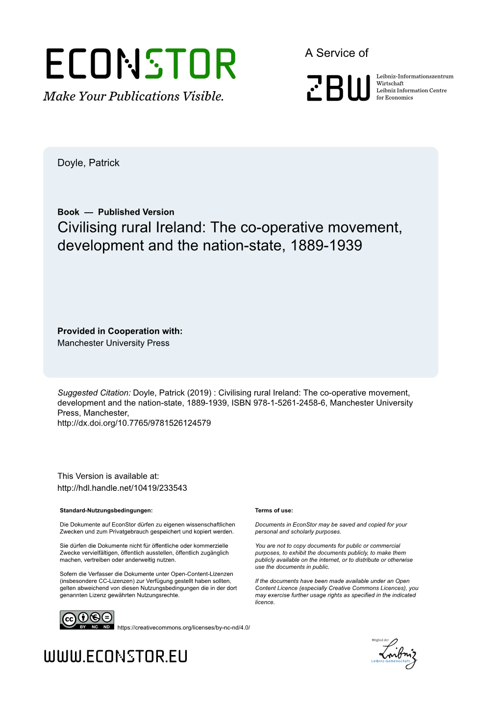 Civilising Rural Ireland: the Co-Operative Movement, Development and the Nation-State, 1889-1939