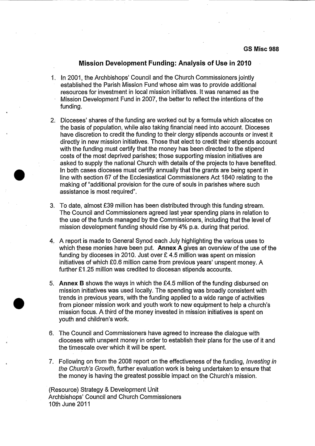 Mission Development Funding: Analysis of Use in 2010