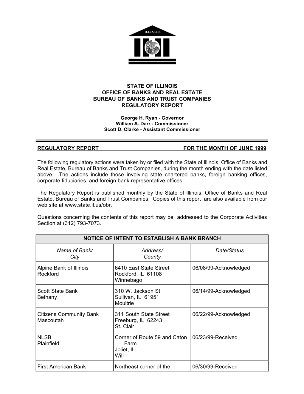 State of Illinois Office of Banks and Real Estate Bureau of Banks and Trust Companies Regulatory Report