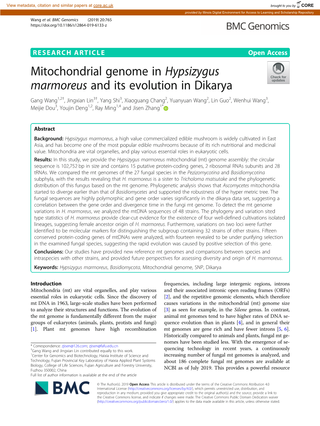 Mitochondrial Genome in Hypsizygus Marmoreus and Its Evolution In