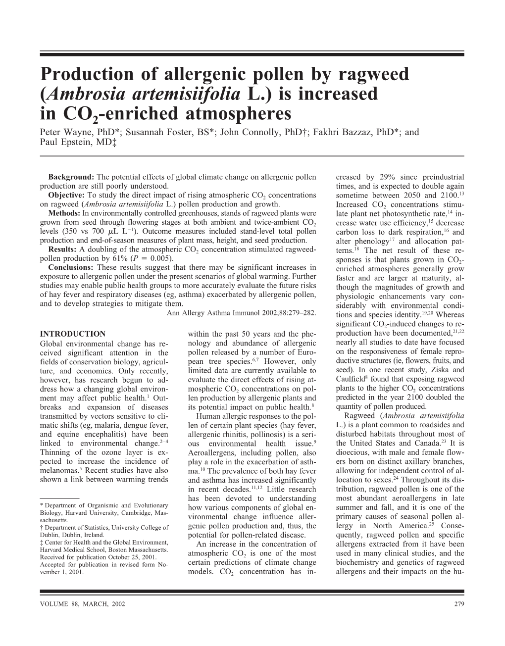 Production of Allergenic Pollen by Ragweed (Ambrosia Artemisiifolia