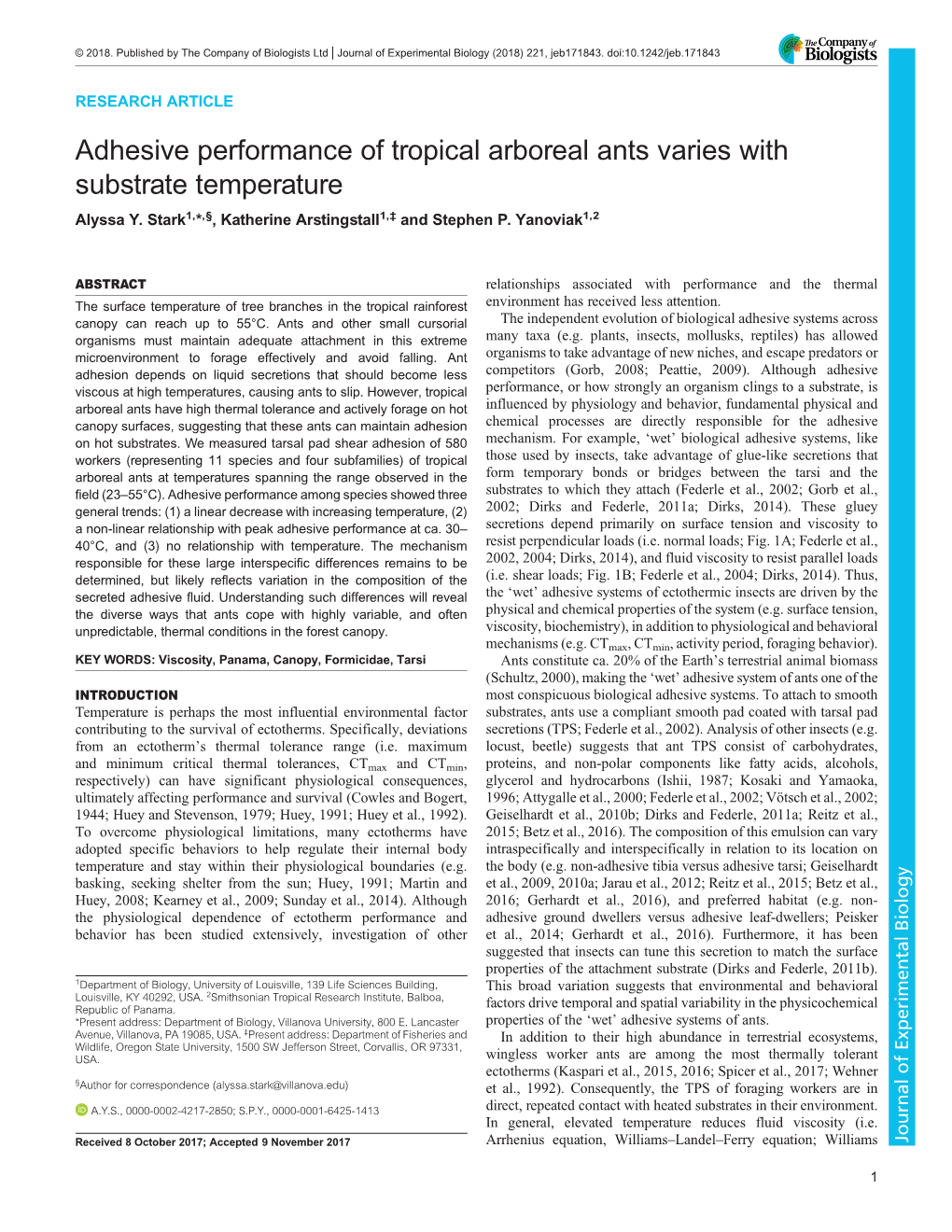 Adhesive Performance of Tropical Arboreal Ants Varies with Substrate Temperature Alyssa Y