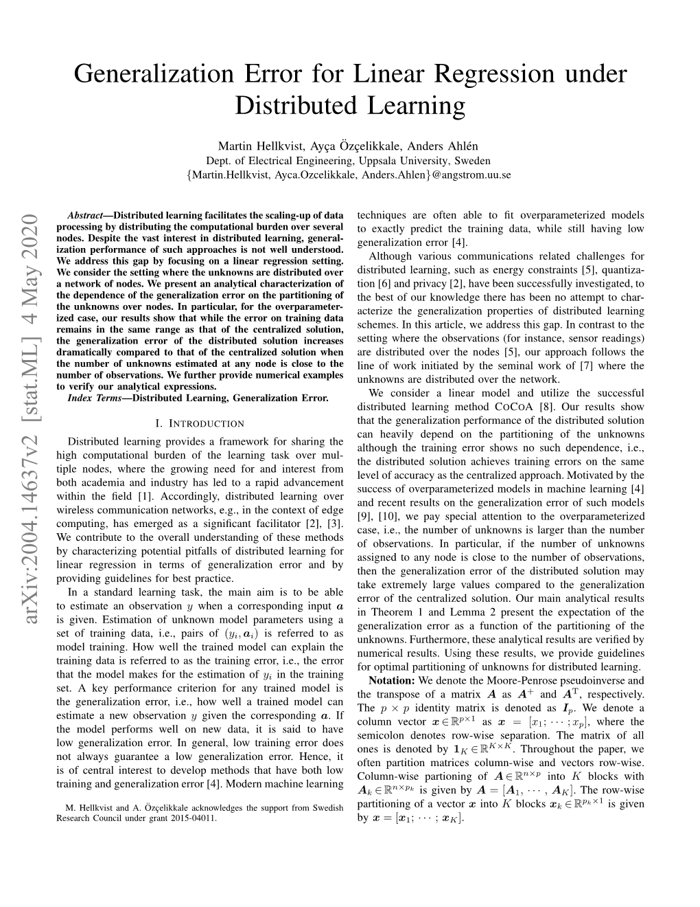 Generalization Error for Linear Regression Under Distributed