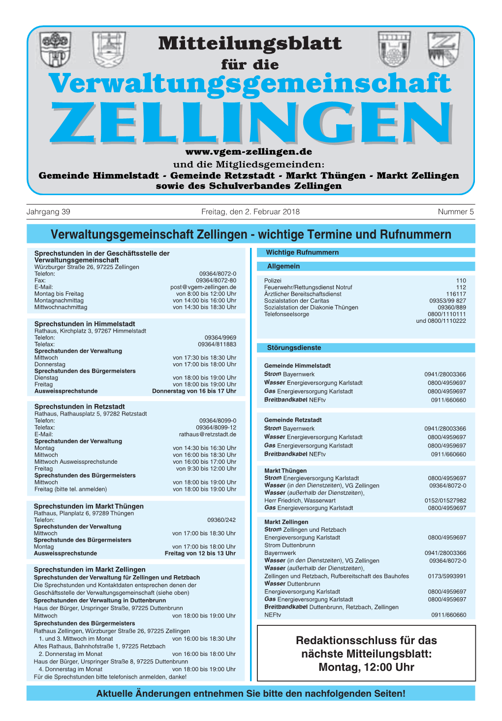 Verwaltungsgemeinschaft Zellingen - Wichtige Termine Und Rufnummern