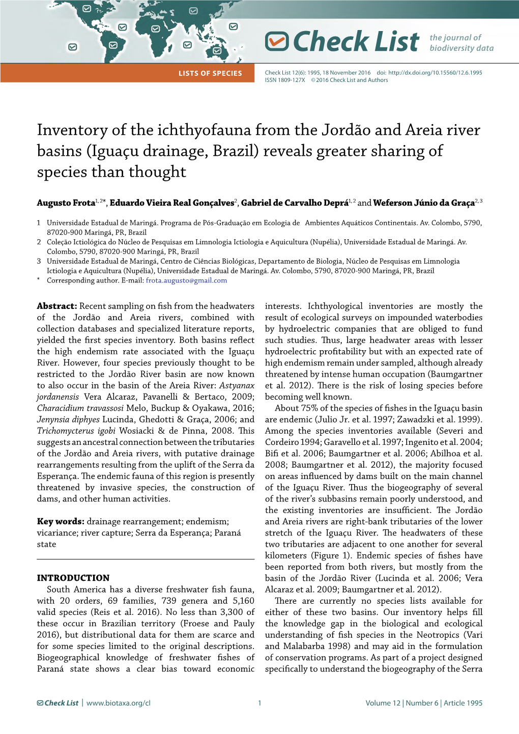 Inventory of the Ichthyofauna from the Jordão and Areia River Basins (Iguaçu Drainage, Brazil) Reveals Greater Sharing of Species Than Thought