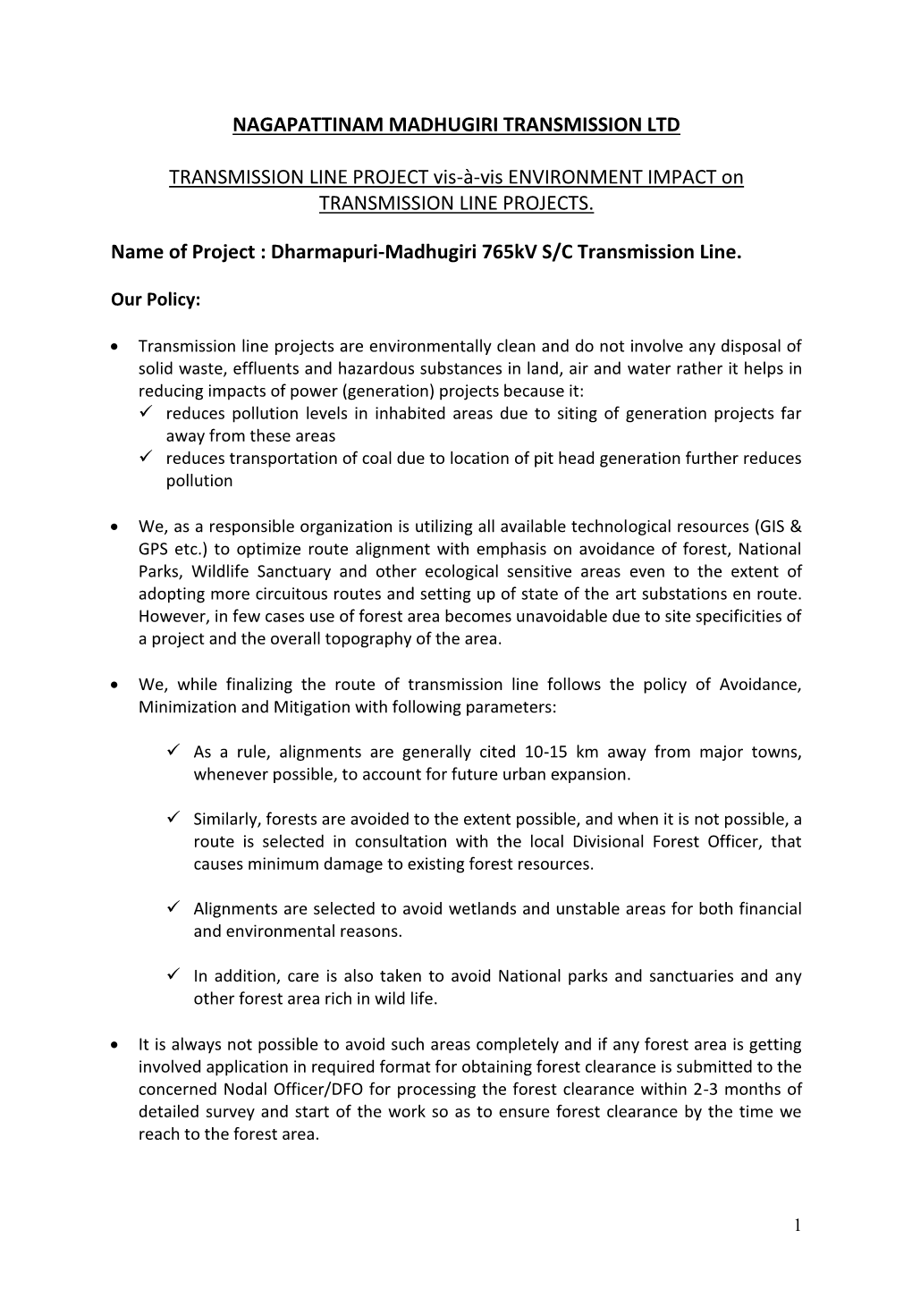 NAGAPATTINAM MADHUGIRI TRANSMISSION LTD TRANSMISSION LINE PROJECT Vis-À-Vis ENVIRONMENT IMPACT on TRANSMISSION LINE PROJECTS. N