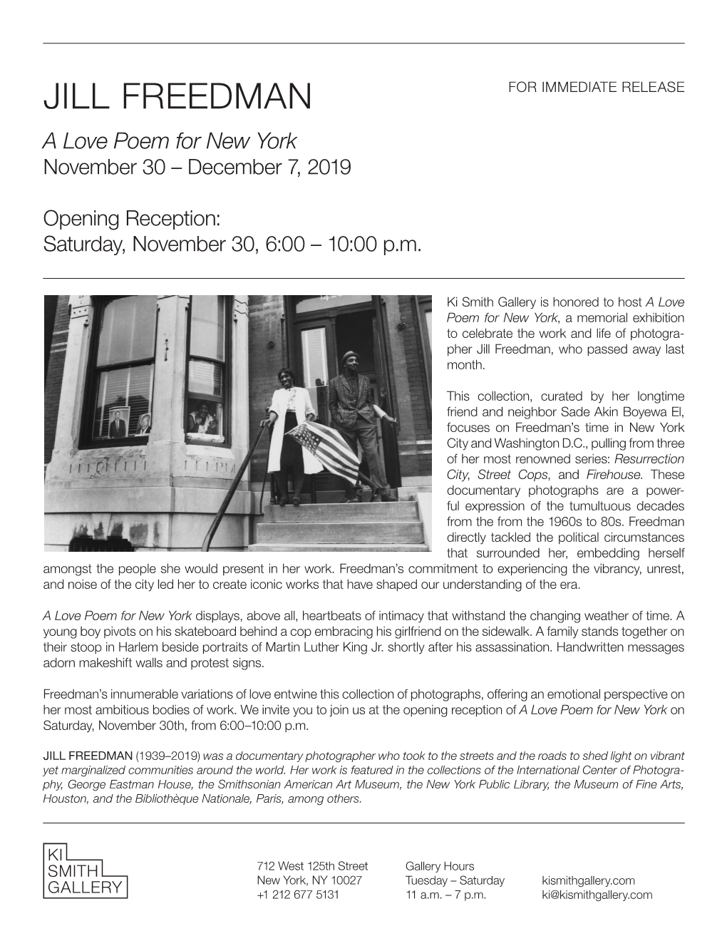 JILL FREEDMAN for IMMEDIATE RELEASE a Love Poem for New York November 30 – December 7, 2019