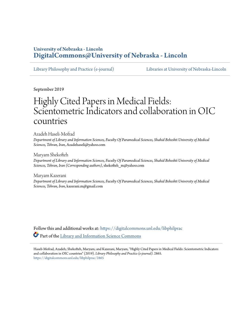 Highly Cited Papers in Medical Fields: Scientometric Indicators and Collaboration in OIC Countries
