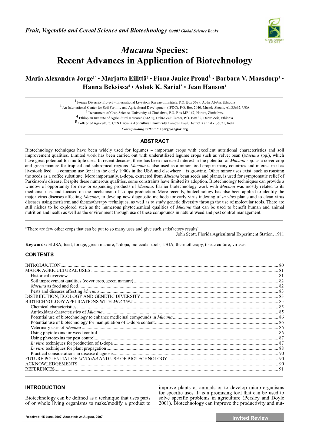 Mucuna Species: Recent Advances in Application of Biotechnology