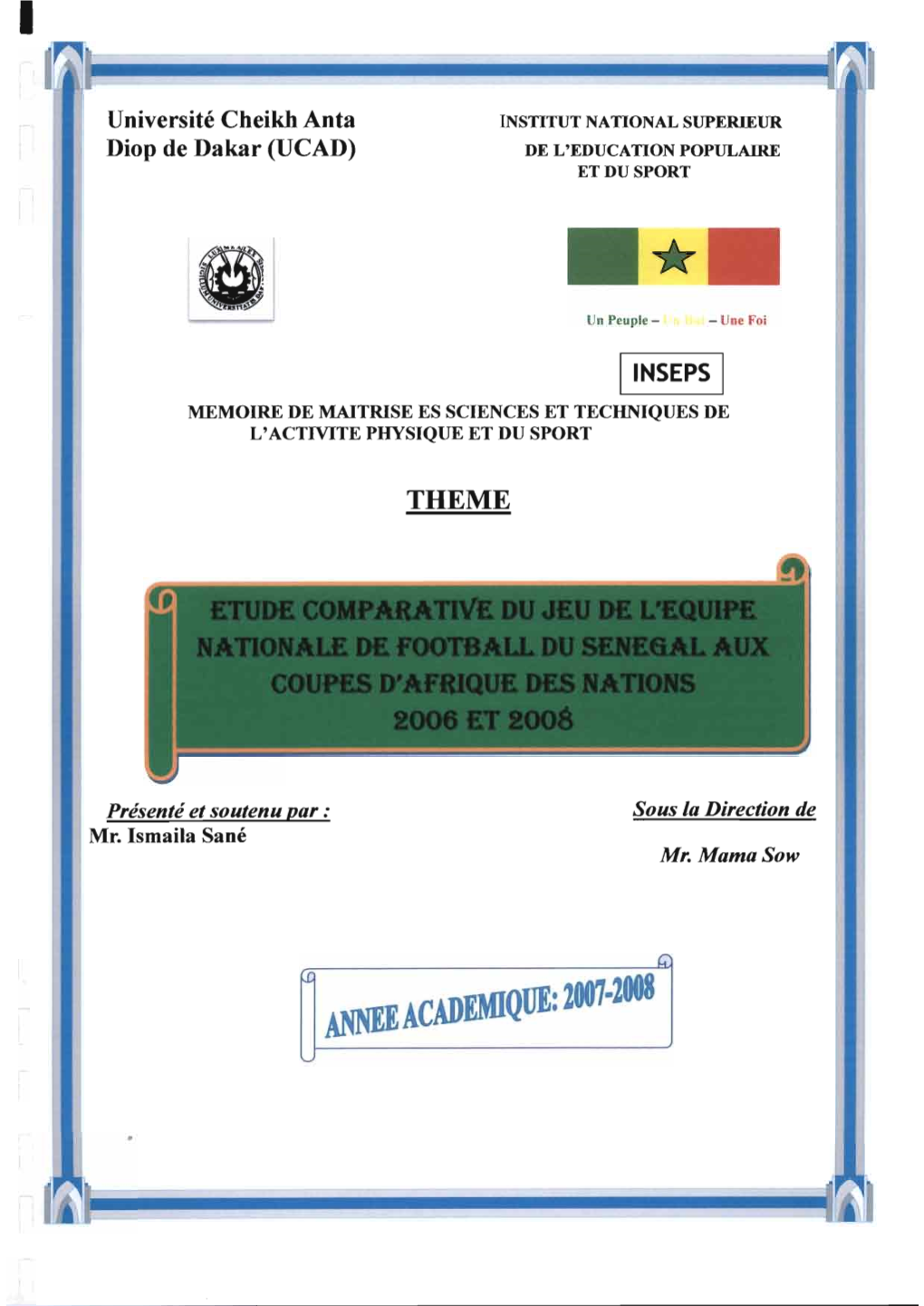 Etude Comparative Du Jeu De L'équipe Nationale De Football Du Sénégal