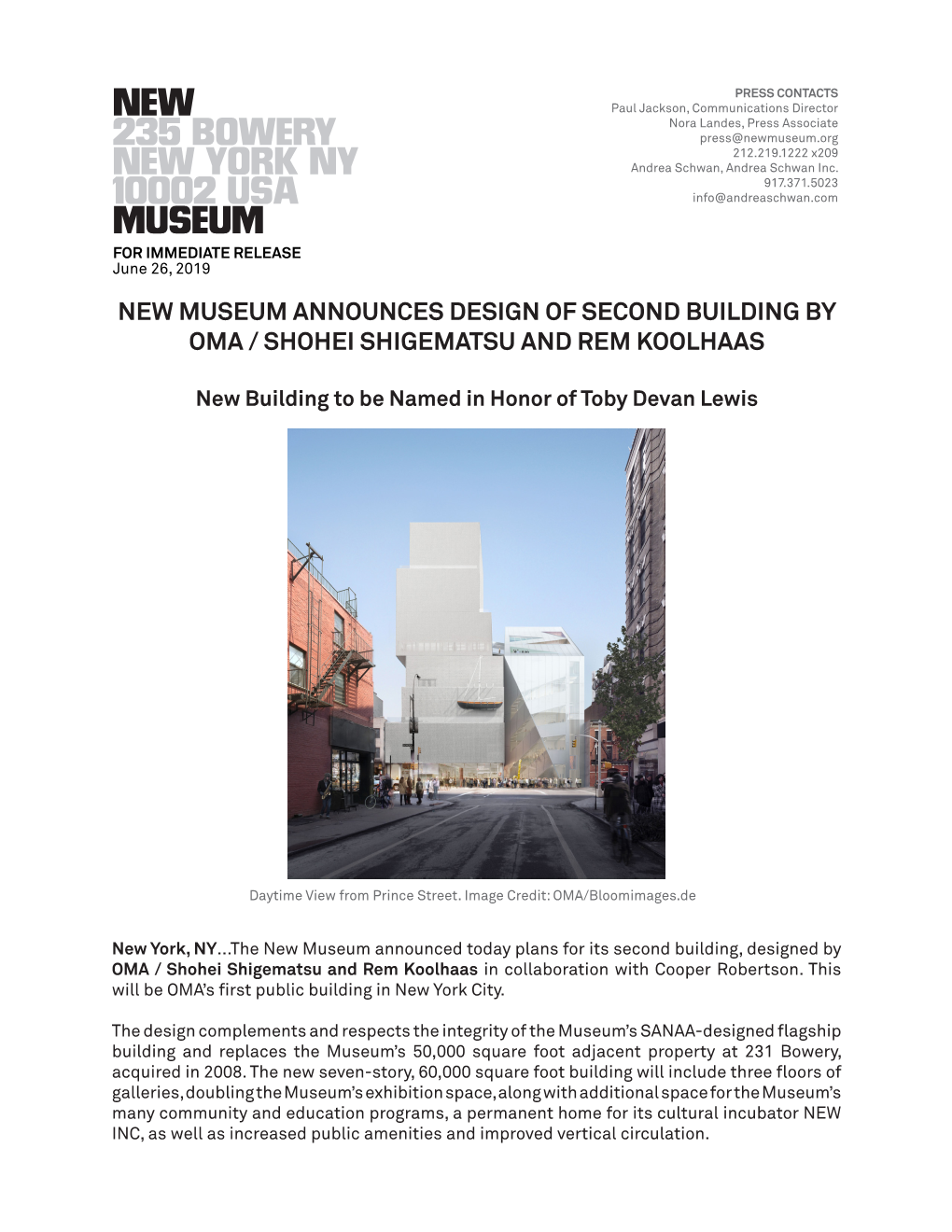 New Museum Announces Design of Second Building by Oma / Shohei Shigematsu and Rem Koolhaas